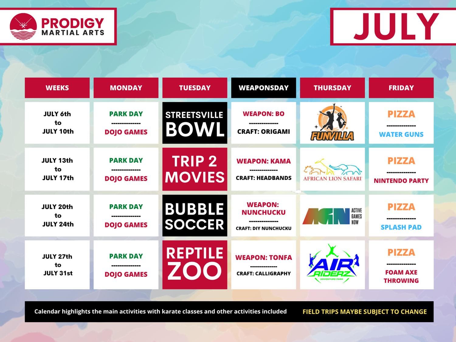 July summer camp activity calendar