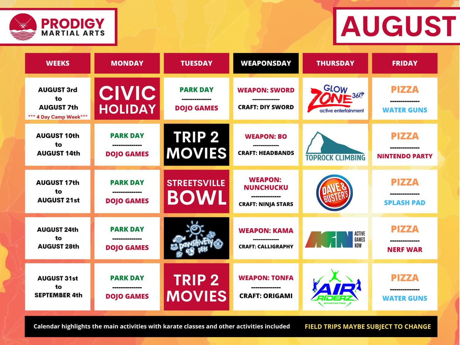 August summer camp activity calendar